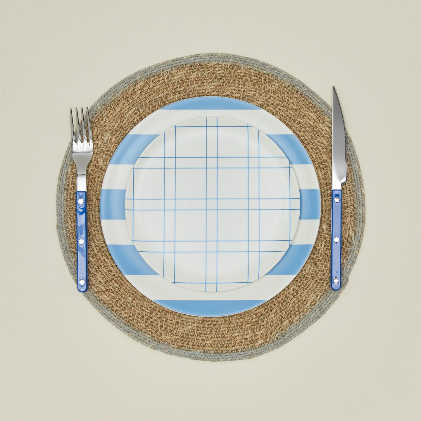 Bamboo Melamine Dinner Plate, Set of 4 - Blue Wide Stripe - Image 4