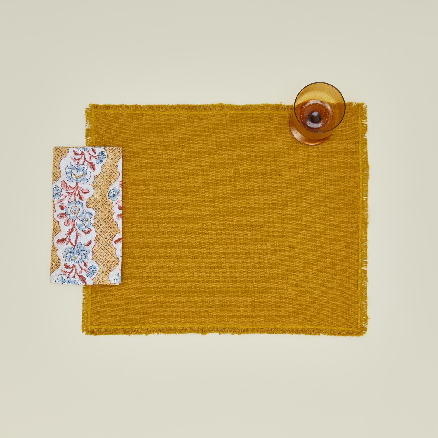 Block Printed Floral Napkins, Set of 2 - Mustard Floral - Image 3