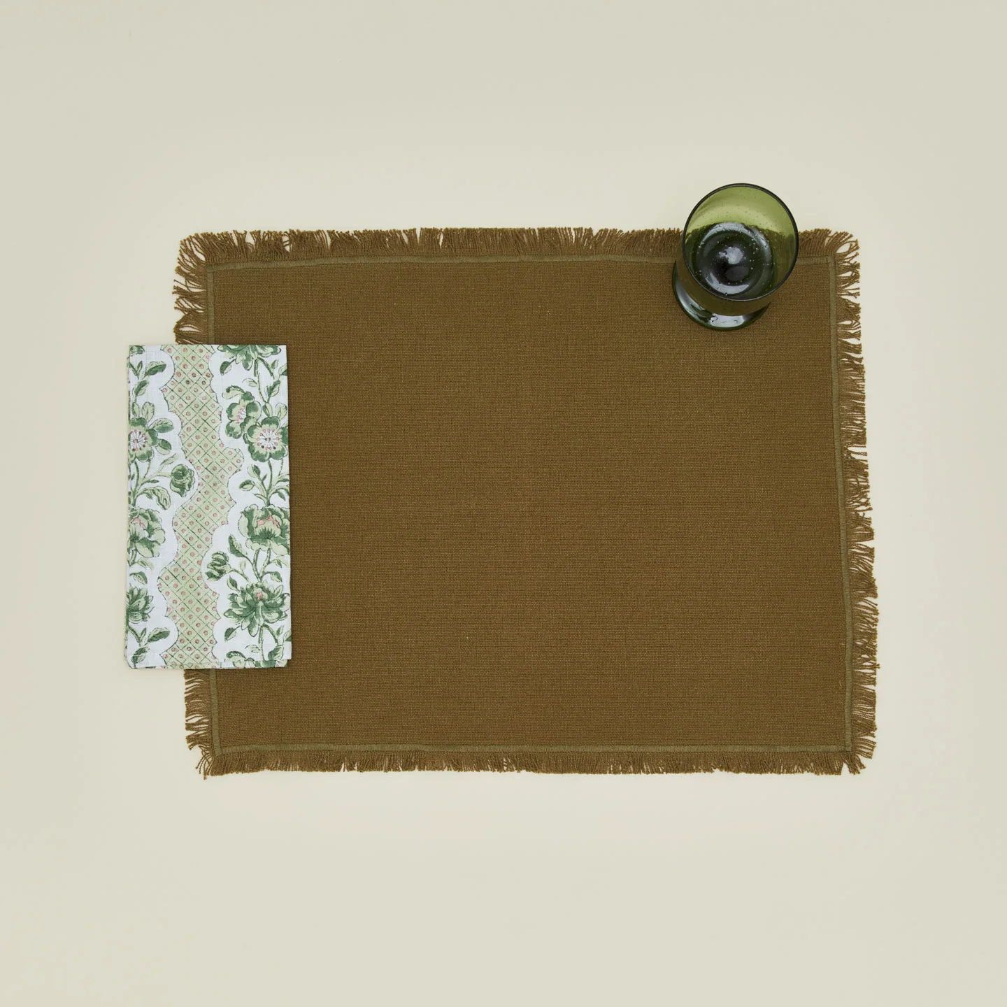 Block Printed Floral Napkins, Set of 2 - Olive Floral - Image 3