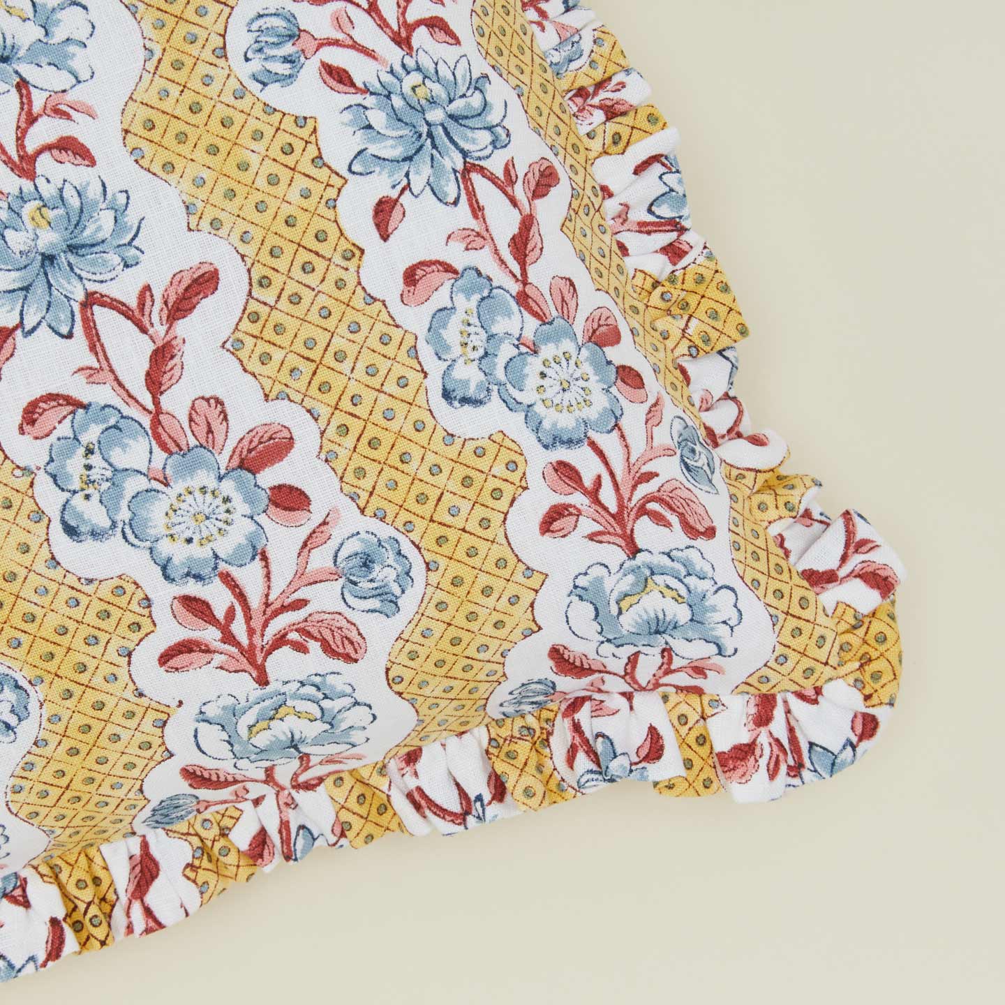 Block Printed Ruffled Pillow Cover - Mustard Floral - Image 3