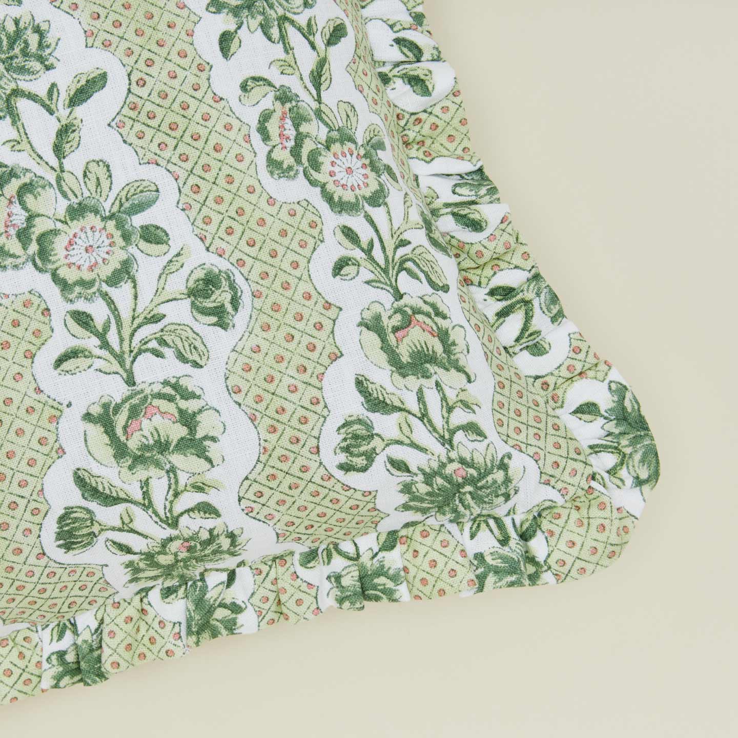 Block Printed Ruffled Pillow Cover - Olive Floral - Image 3