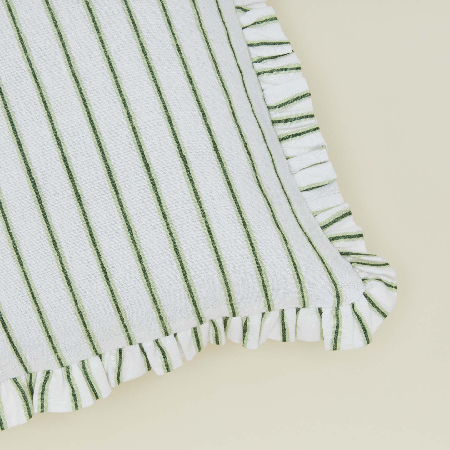 Block Printed Striped Ruffled Pillow Cover - Olive Stripe - Image 3