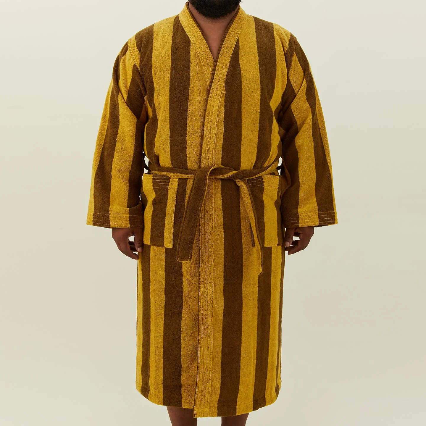 Simple Striped Terry Bathrobe - Mustard/Bronze - Image 5
