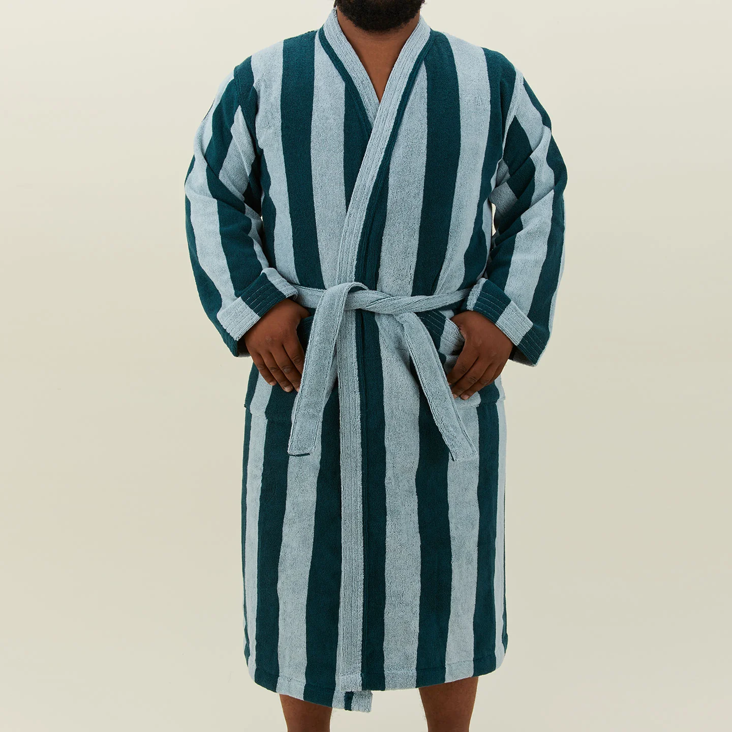 Simple Striped Terry Bathrobe - Sky/Peacock - Image 5